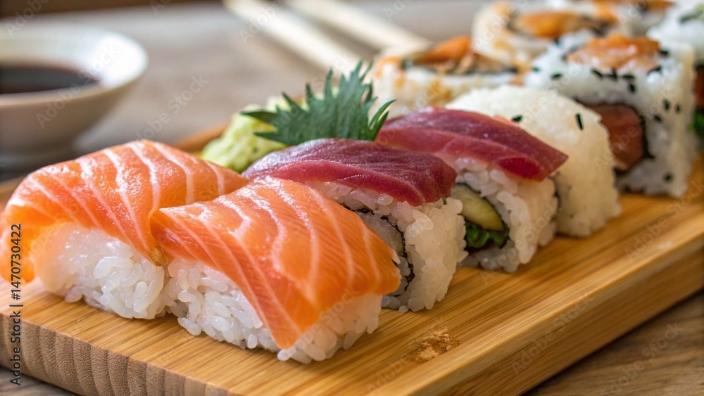 Traditional Sushi Platter with Mixed Rolls Beautifully Set on Wooden Board Traditional Sushi Platter with Mixed Rolls Beautifully Set on Wooden Board