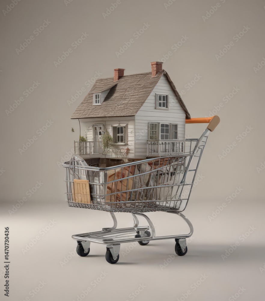 Shopping cart containing a small house model against a neutral backdrop , simple, e-commerce, house Shopping cart containing a small house model against a neutral backdrop , simple, e-commerce, house