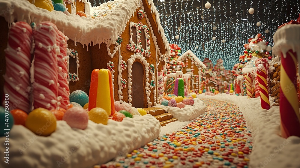 Naklejka premium A festive gingerbread house featuring snowy icing details, colorful gumdrops, and a candy-lined walkway, ideal for capturing the spirit of holiday traditions.