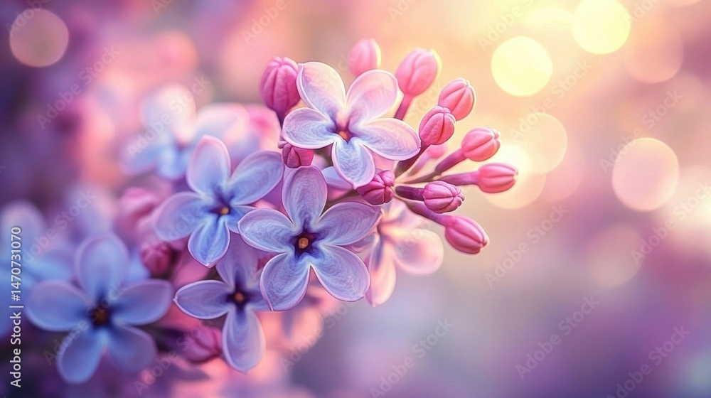 Close-up of delicate purple and pink lilac flowers with soft glowing bokeh background evoking a peaceful and dreamy atmosphere Close-up of delicate purple and pink lilac flowers with soft glowing bokeh background evoking a peaceful and dreamy atmosphere
