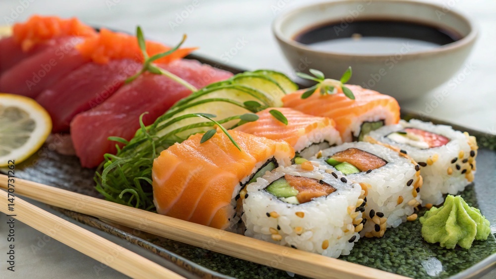 Wooden Board with Variety of Colorful Sushi Rolls in Japanese Style Presentation Wooden Board with Variety of Colorful Sushi Rolls in Japanese Style Presentation