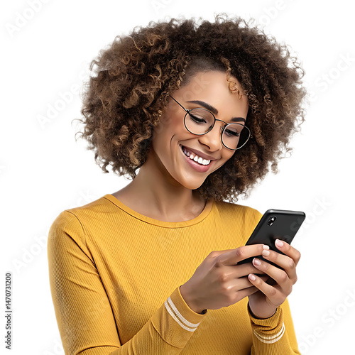 Wallpaper Mural A young woman with curly hair wearing glasses and a yellow shirt using her smartphone and smiling Torontodigital.ca