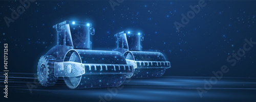 Road roller on the abstract background. Building site, construction machine, diesel engine.
