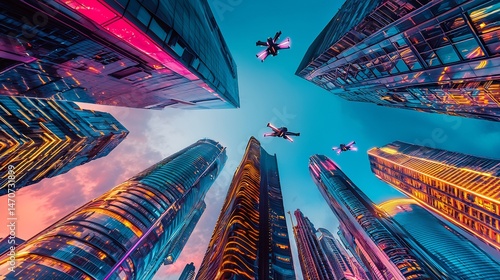Towering futuristic skyscrapers flying cars zooming through neon lit streets cinematic cyberpunk utopia