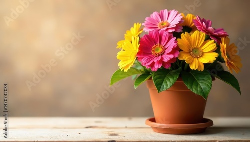 Wallpaper Mural A terracotta flowerpot with vibrant potted flowers Bright blooms in a classic container , green, colorful Torontodigital.ca