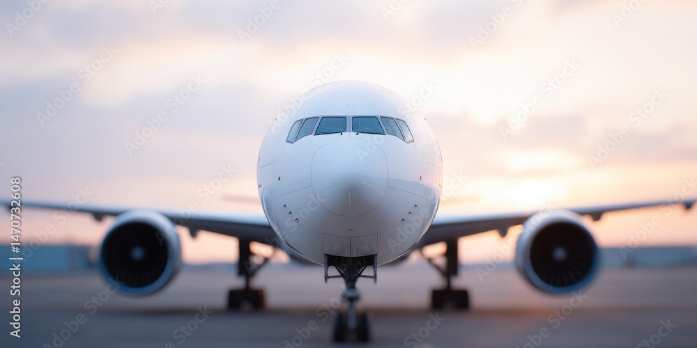 Naklejka premium A large airplane is stationed on the runway, facing the viewer with a sunset in the backdrop. Air travel, transportation, aviation
