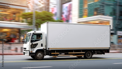 White delivery truck driving through a bustling city street.