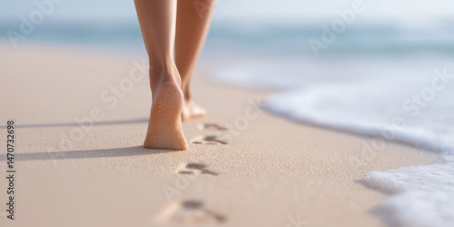 Bare feet walking along wet sand, leaving footprints by the ocean. Coastal tranquility, footsteps in sand
