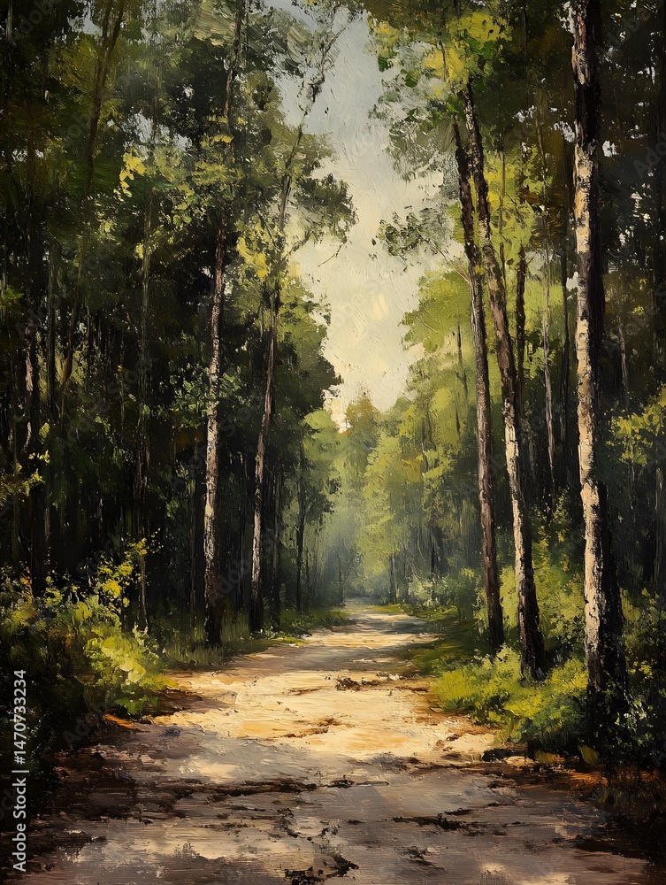 Obraz premium A serene forest pathway, artfully captured with the natural sunlight and shadows of a forest in painting style, invites a contemplative journey through the serene woods.