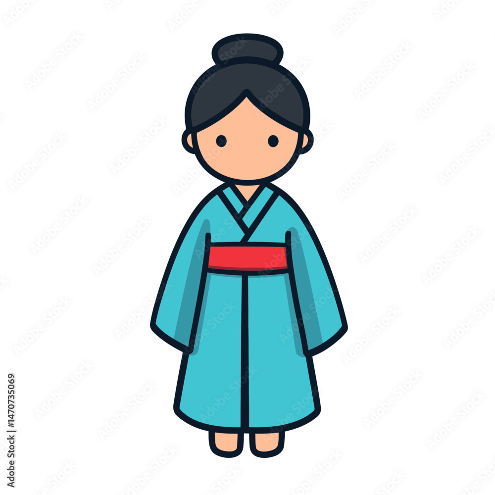 Person in traditional East Asian attire poses in a minimalist style within a simple cartoon illustration setting Person in traditional East Asian attire poses in a minimalist style within a simple cartoon illustration setting