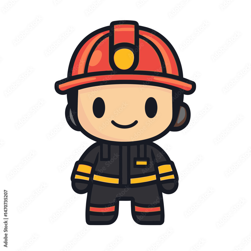 Cartoon firefighter character in simple flat design wearing uniform and helmet for children's educational materials Cartoon firefighter character in simple flat design wearing uniform and helmet for children's educational materials