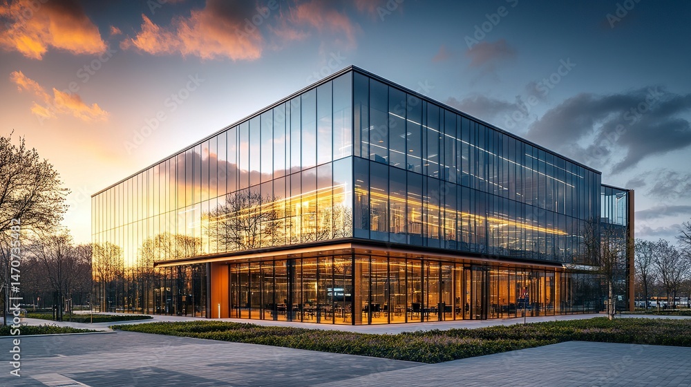 Fototapeta premium A polished office complex with shimmering glass walls, catching the light of a setting sun; wide shot, warm tones, futuristic urban style. 