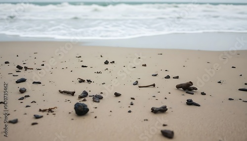 sandy beach with small rocks and water in the background