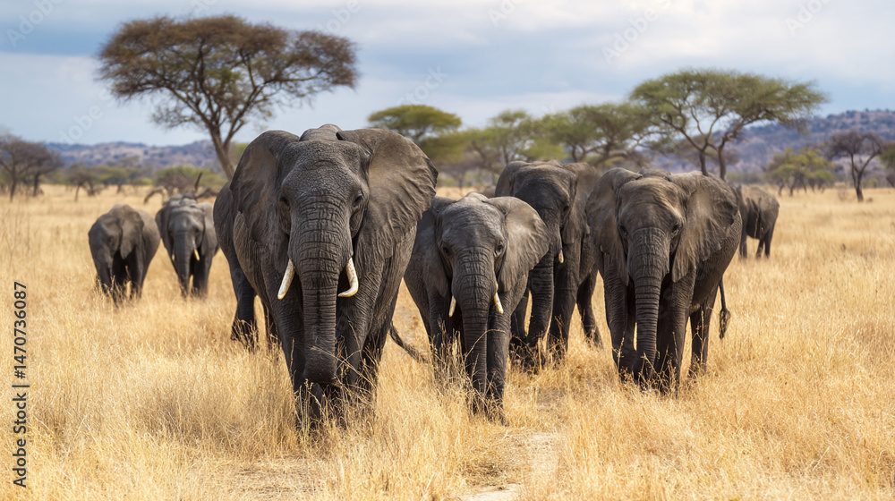 Obraz premium African Elephant Herd Walking Through Savanna Grassland