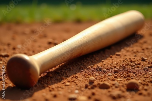 Close-up of a worn baseball bat, resting on a dusty baseball field , Louisville slugger, background, sport