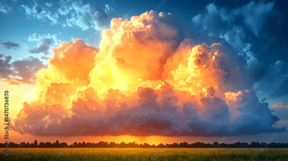 Obraz premium Dramatic Sunset Landscape with Massive Golden Clouds over a Field