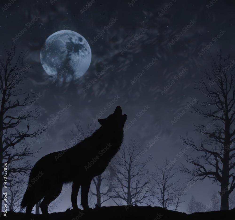 Silhouetted wolf against night sky, leafless trees , nature, trees, moonlight Silhouetted wolf against night sky, leafless trees , nature, trees, moonlight