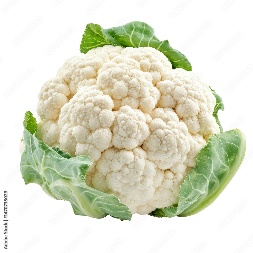 Fresh cauliflower isolated on a transparent background showcasing its unique texture and vibrant green leaves in natural light, Cauliflower vegetables isolated on a transparent background Fresh cauliflower isolated on a transparent background showcasing its unique texture and vibrant green leaves in natural light, Cauliflower vegetables isolated on a transparent background