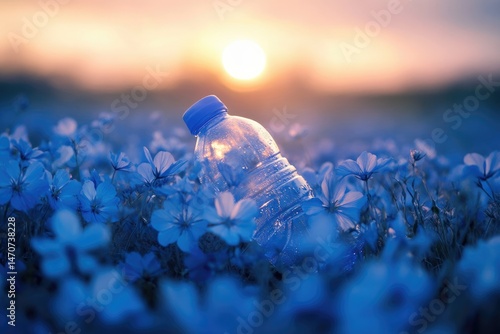 Wallpaper Mural A discarded plastic water bottle rests amongst vibrant blue flowers at sunset, highlighting environmental concerns. Torontodigital.ca