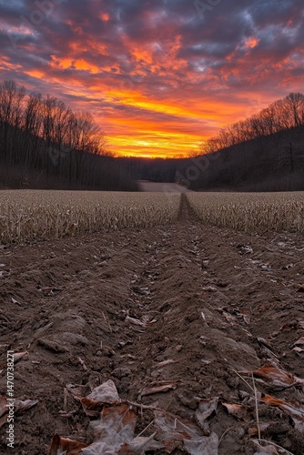 Sunrise over a plowed field.  Colorful dawn sky over a freshly tilled field