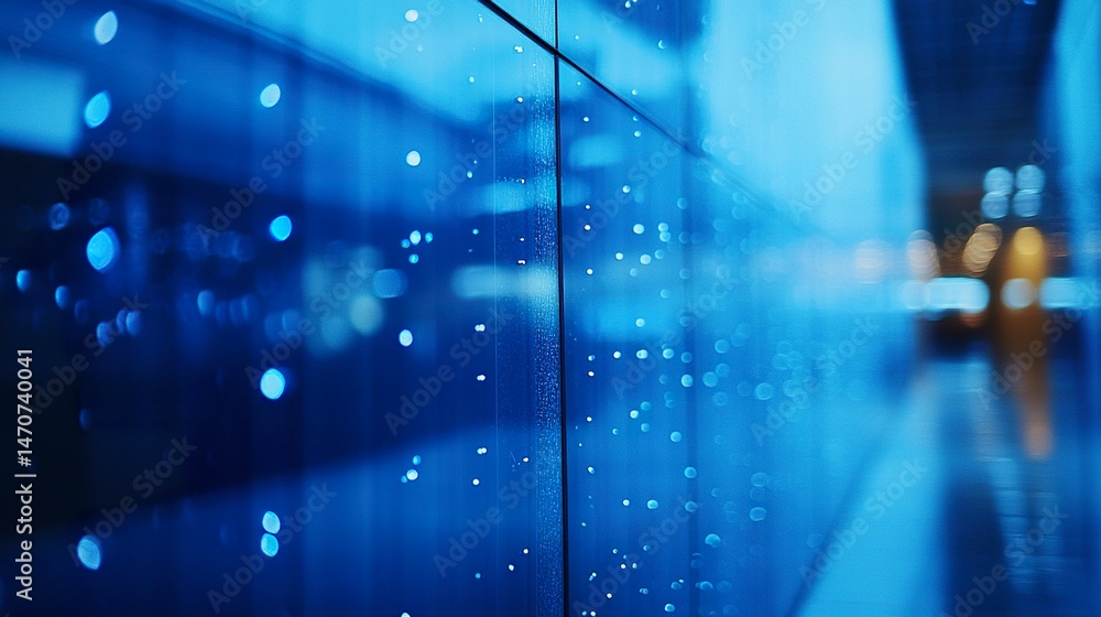 Fototapeta premium Close-up of a modern buildingâ€™s blue glass panels, city business center blurred in the background; medium shot, clean lines, professional ambiance. 