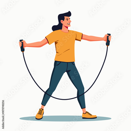 fitness woman exercising with resistance bands  yellow tshirt, blue pants, green ground