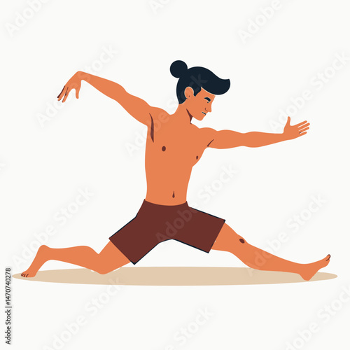 yoga pose illustration barefoot man in brown shorts practicing martial arts stance