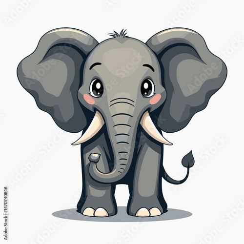 adorable cartoon elephant with pink eyes and trunk, gray body, cute character illustration