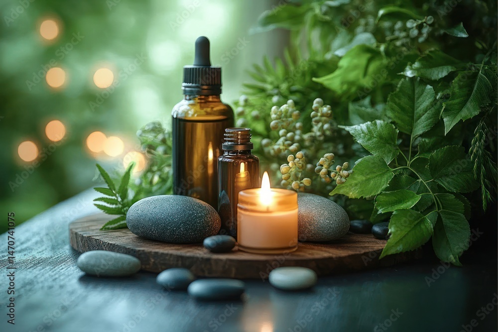 A serene spa setup with a lit candle, amber dropper bottles, smooth gray stones, and lush green foliage creating a calming and peaceful atmosphere A serene spa setup with a lit candle, amber dropper bottles, smooth gray stones, and lush green foliage creating a calming and peaceful atmosphere