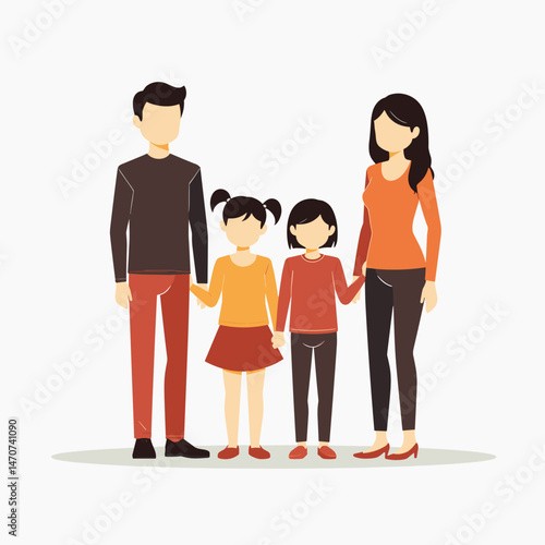 family of four in casual clothing, illustrated vector art