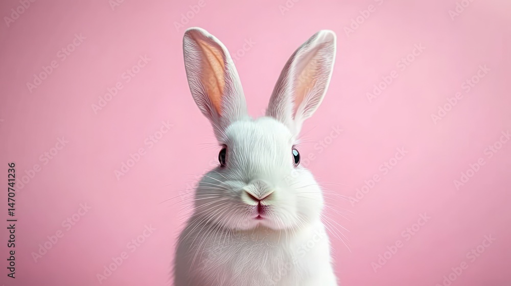 Close-up portrait of a white rabbit with large ears against a soft pink background, conveying innocence and curiosity Close-up portrait of a white rabbit with large ears against a soft pink background, conveying innocence and curiosity