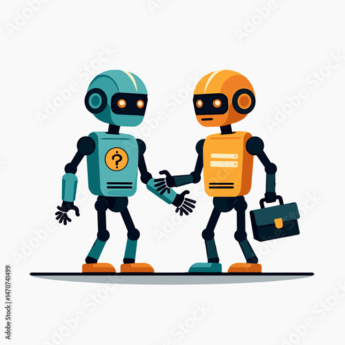 robot meeting illustration with blue and yellow robots