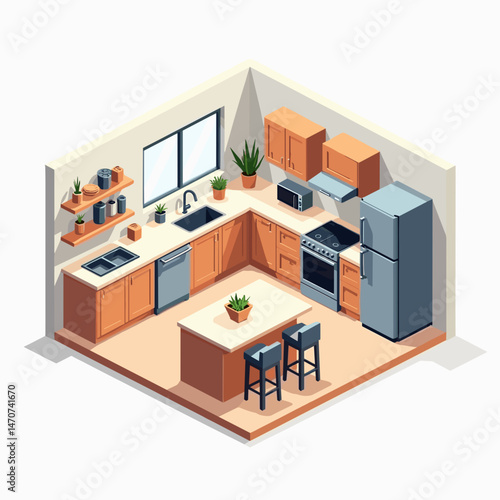 modern kitchen interior with wooden cabinets, stainless steel appliances, and greenery