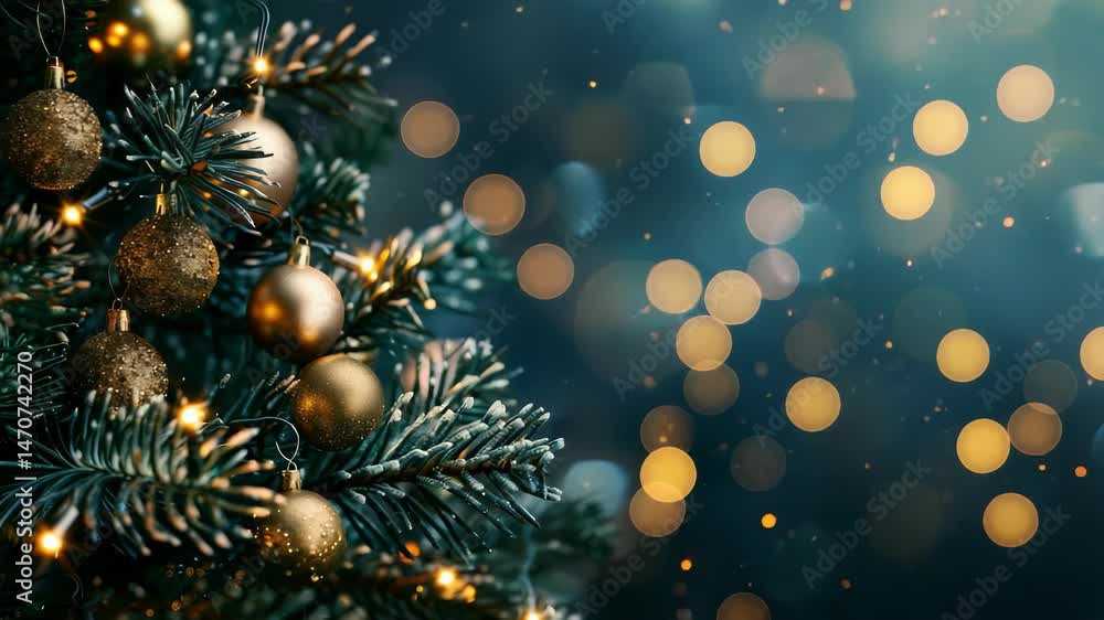 A frosted evergreen branch is adorned with golden ornaments. Soft focus lights create a holiday atmosphere. The bokeh background adds depth and sparkle to the festive scene. A frosted evergreen branch is adorned with golden ornaments. Soft focus lights create a holiday atmosphere. The bokeh background adds depth and sparkle to the festive scene.