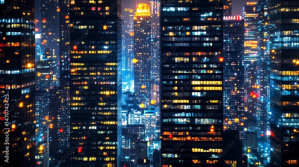 Modern skyscrapers with bright office lights glowing through glass panels, New York's iconic architecture lit up at night; low-angle shot, crisp clarity, dynamic city energy. Modern skyscrapers with bright office lights glowing through glass panels, New York's iconic architecture lit up at night; low-angle shot, crisp clarity, dynamic city energy.