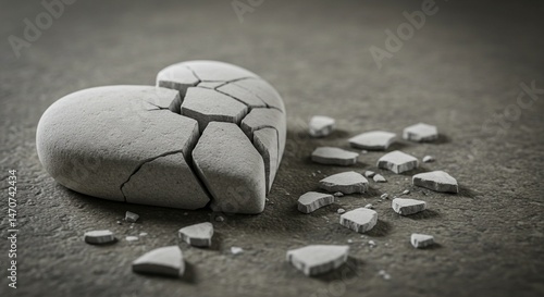 A close-up artistic image of a cracked white stone heart lying broken on a textured surface — fragments scattered as a symbolic still life. The composition should evoke emotions of fragile love, emoti