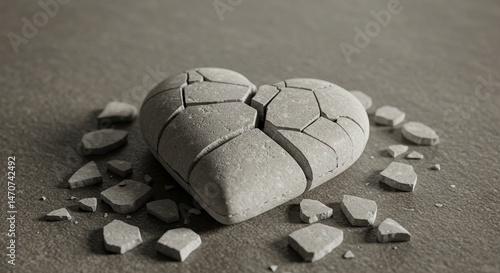 A close-up artistic image of a cracked white stone heart lying broken on a textured surface — fragments scattered as a symbolic still life. The composition should evoke emotions of fragile love, emoti