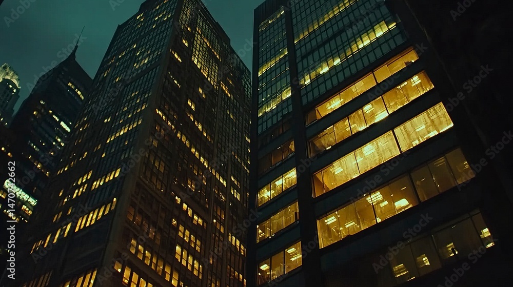 Obraz premium Nighttime close-up of office buildings in NYC, illuminated windows casting a golden glow, reflections shimmering on sleek facades; medium shot, moody tones, urban vibrancy. 