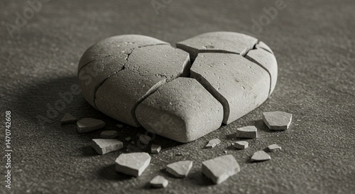 A close-up artistic image of a cracked white stone heart lying broken on a textured surface — fragments scattered as a symbolic still life. The composition should evoke emotions of fragile love, emoti
