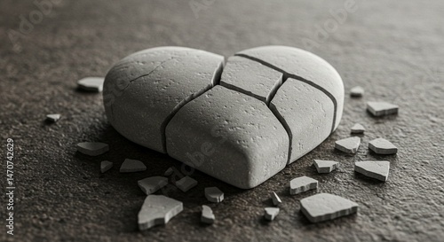 A close-up artistic image of a cracked white stone heart lying broken on a textured surface — fragments scattered as a symbolic still life. The composition should evoke emotions of fragile love, emoti