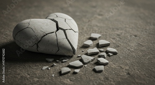 A close-up artistic image of a cracked white stone heart lying broken on a textured surface — fragments scattered as a symbolic still life. The composition should evoke emotions of fragile love, emoti