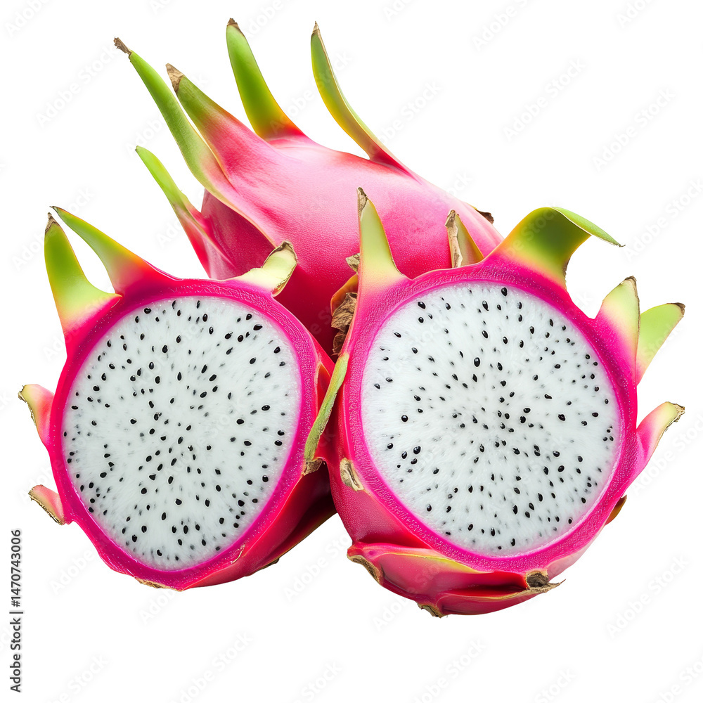 Fresh and vibrant dragon fruit halves displaying unique texture on a transparent background, Exquisite Dragon Fruit on transparent background Fresh and vibrant dragon fruit halves displaying unique texture on a transparent background, Exquisite Dragon Fruit on transparent background