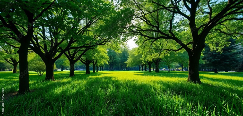 Obraz premium Lush green grass under a canopy of leafy trees, bright, scene