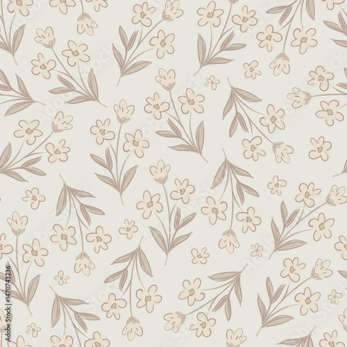 Vector ditsy floral cute rustic seamless pattern, cottagecore small neutral colors flowers