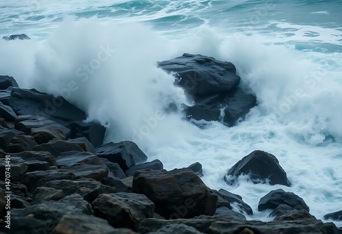 large wave crashing over rocks into the ocean