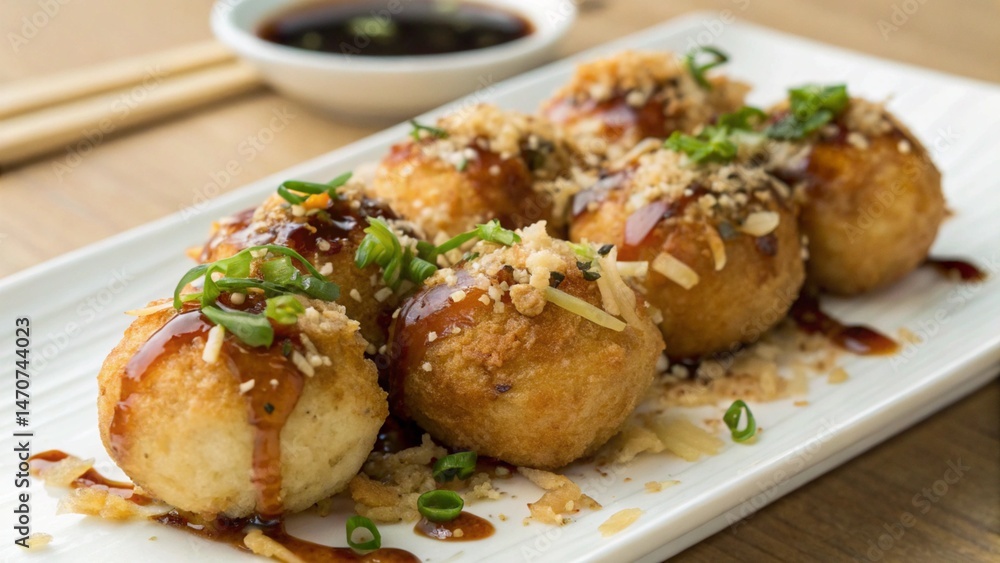 Close Up of Japanese Street Food Takoyaki with Melting Toppings on Tray Close Up of Japanese Street Food Takoyaki with Melting Toppings on Tray