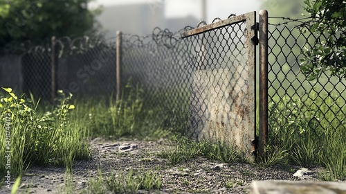 Rusty chain-link fence gate in overgrown path.