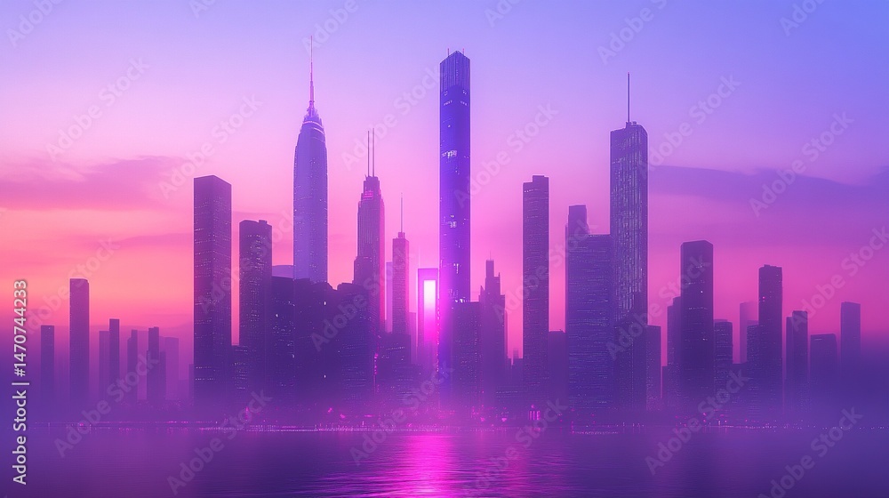 Towering skyscrapers framed as elegant silhouettes against a glowing horizon, their designs sleek and refined Towering skyscrapers framed as elegant silhouettes against a glowing horizon, their designs sleek and refined