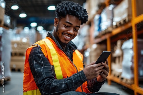 Smiling warehouse worker wearing an orange safety vest using a smartphone surrounded by stacks of boxed goods on industrial shelves