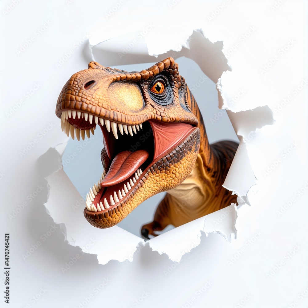 Fototapeta premium Fierce tyrannosaurus rex breaking through paper wall with roaring expression